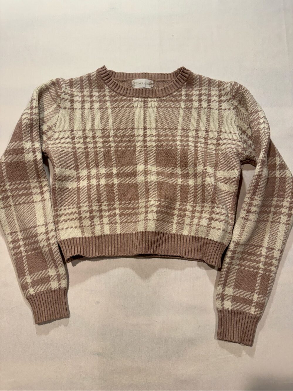 Women’s Altar’d State Plaid Cropped Sweater - Taupe/Cream - Large